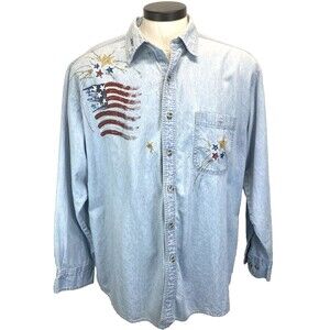Vntg L.A. Artwear Mens XL Denim Shirt Hand Crafted Stars & Stripes Fireworks USA